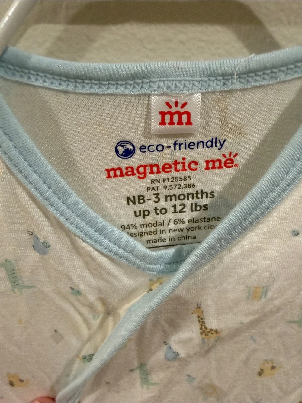 Magnetic Me White Footed Gown with Blue Trim and Animal Print